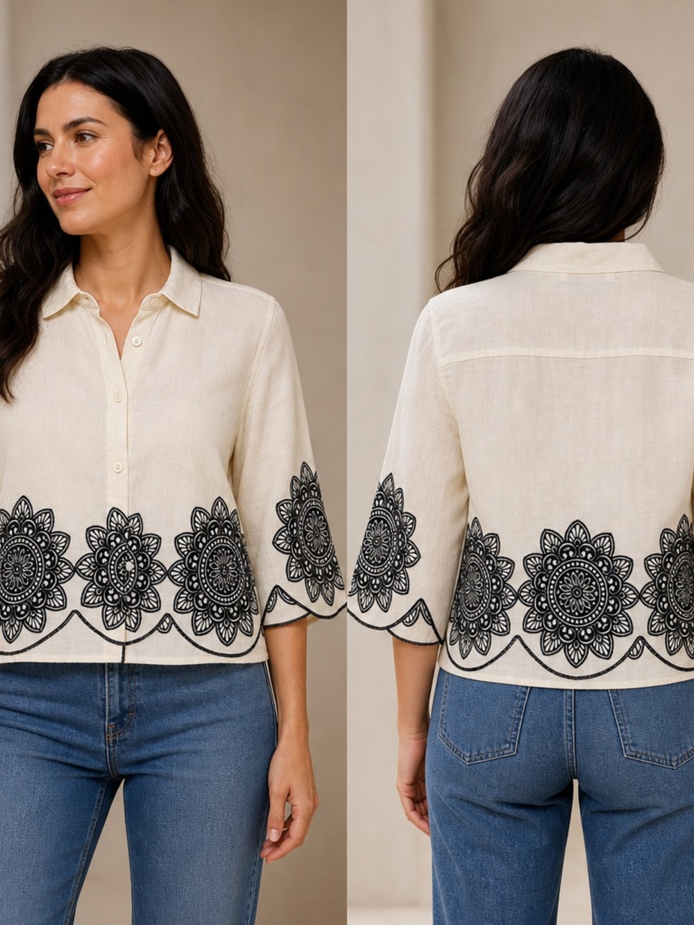 Greek Archaic Kori Linen Embroidered Blouse Size S Ivory Black Scalloped Hem